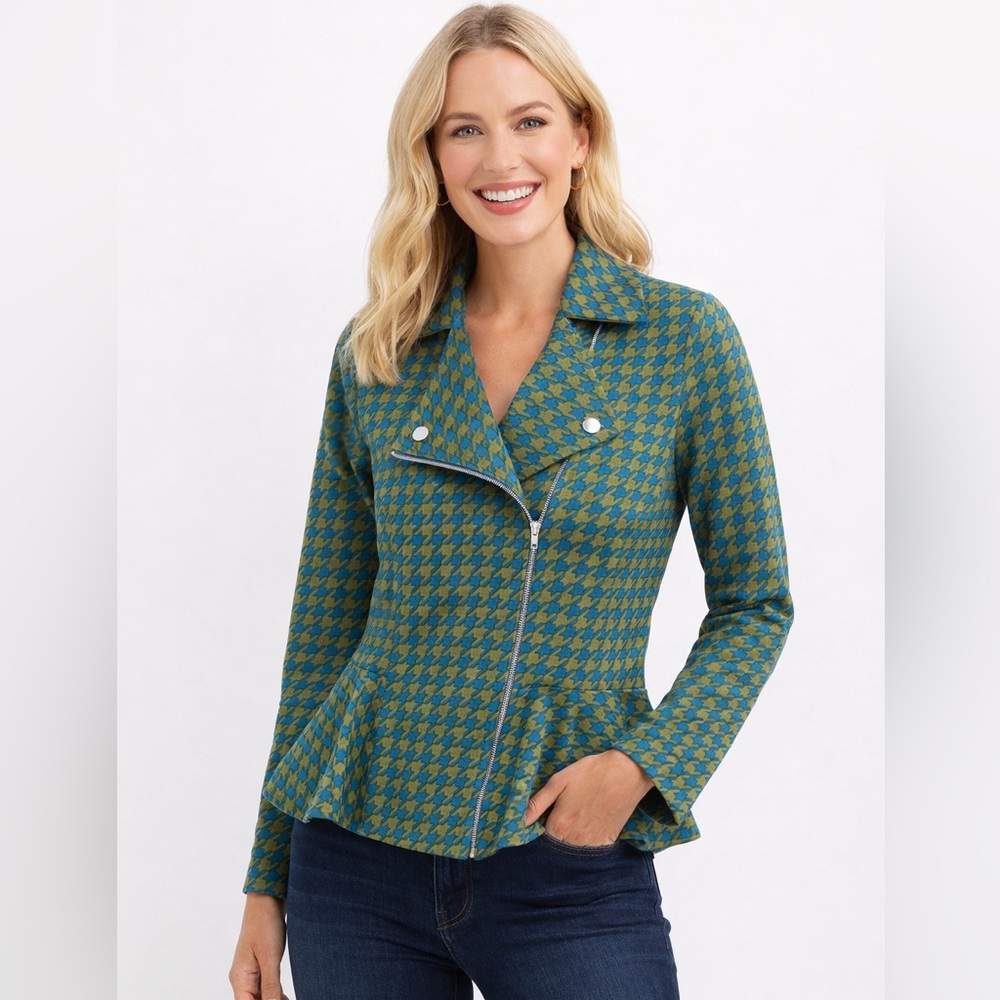 K Jordan Moto Houndstooth Blazer Jacket Top Size Small Green Blue lightweight